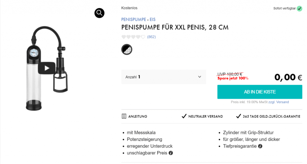 Eis DE: Penispumpe & 6 Gratisartikel für 0 € (MBW 29,95 €) 🍨