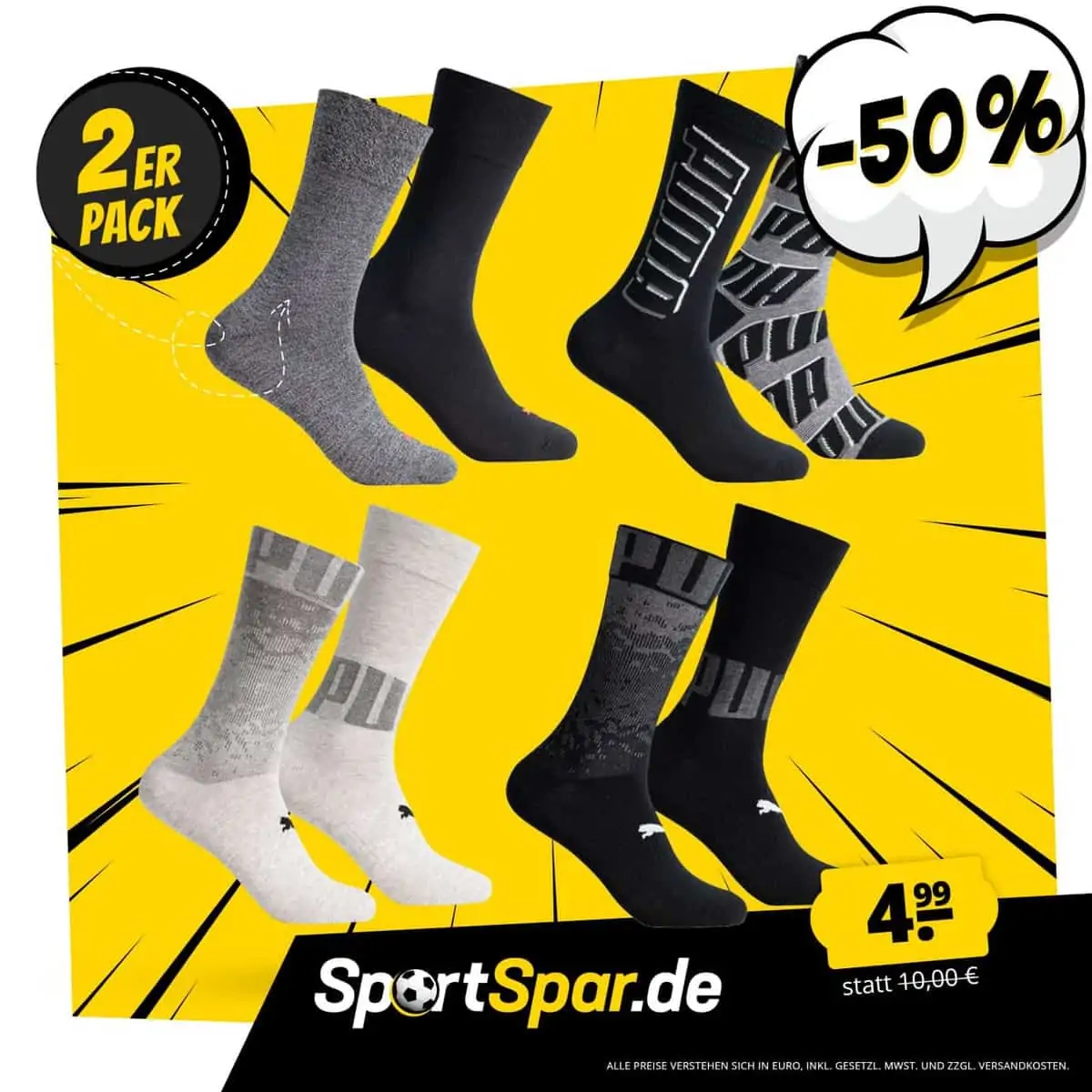 PUMA 2 Paar Socken (6 Kombinationen,Größe 39-42 & 43-46) für je 4,99 € zzgl. 3,95 € Versand