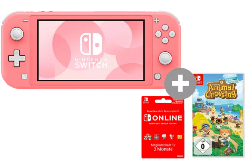 Nintendo Switch Lite (Türkis o. Koralle ) + Animal Crossing + 3 Monate Switch Online Mitgliedschaft ab 189,99 € inkl. Versand (statt 223,98 €)