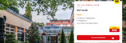 Polnische Ostsee: 6 Tage Wellness im 3* NAT Gornik Hotel mit Frühstück/ Abendessen, Willkommensgetränk Pool, Sauna, Whirlpool für 99€ pro Person