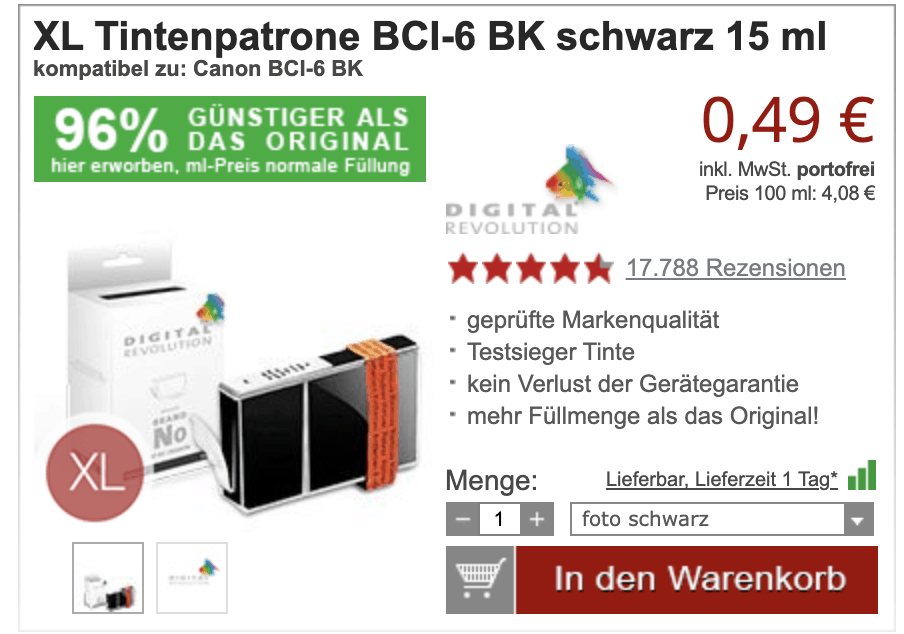 Druckerzubehör Versandkostenfrei bestellen ohne MBW z.B XL Tintenpatrone BCI-6 BK schwarz 12 ml für 0,49 €