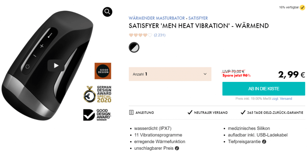 Eis DE: Satisfyer Men Heat Vibration & 6 Gratisartikel für 2,99 € (MBW 29,95 €) 🍨