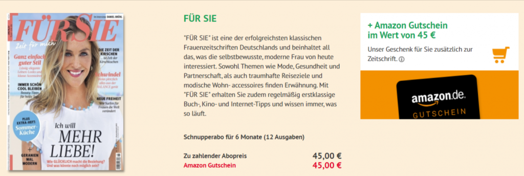 Schnupperabo (12 Ausgaben) "Für Sie" für 45,00 € + 45,00 € Amazon Gutschein
