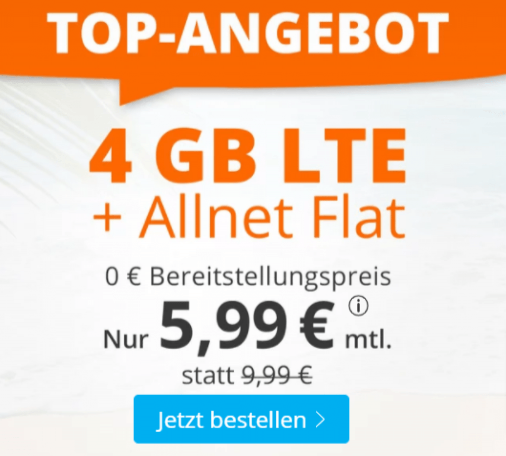 SIM DE: o2 Datenflat mit 4 GB LTE + Allnet Flat für 5,99 € / Monat