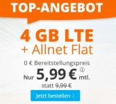SIM DE: o2 Datenflat mit 4 GB LTE + Allnet Flat für 5,99 € / Monat