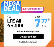 SIM DE: o2 Datenflat mit 7 GB LTE, SMS- und Sprachflat (50 Mbit/s) für 7,77 €/Monat