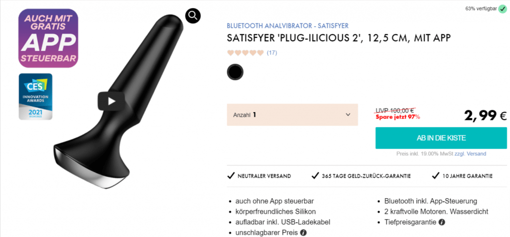 EIS DE: Satisfyer Plug-Ilicous 2 Analvibrator & 6 Gratisartikel für 2,99 € (MBW 29,95 €) 🍨