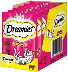Dreamies Klassiker Katzensnacks 5er Pack (5x6x60g, Huhn, Lachs oder Rind) ab 23,26 € inkl. Prime-Versand Dreamies Klassiker Katzensnacks Rind