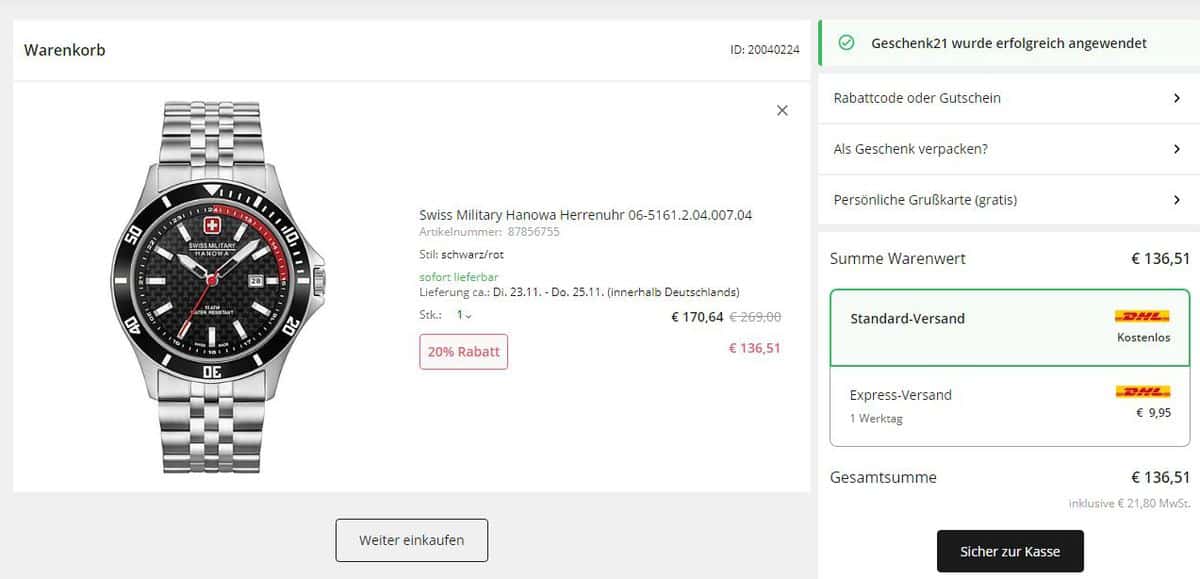 Swiss Military Hanowa Flagship Racer Herrenuhr (3 Farben verfügbar) - für 136,51 € inkl. Versand statt 170,64 €