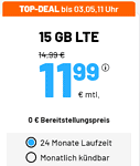 SIM DE: o2 Datenflat mit 15 GB LTE ( 50 MBit/s) + Allnet Flat für 11,99 €/Monat