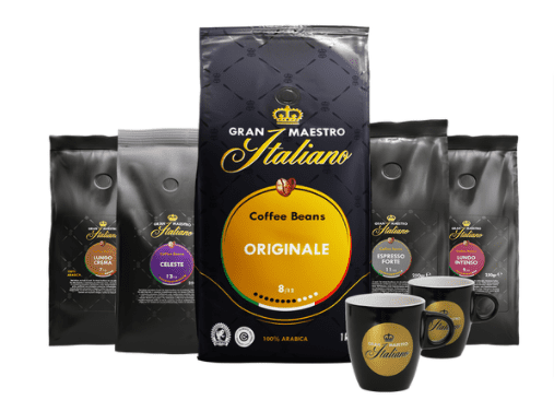 Propierpaket Gran Maestro Italiano Kaffeebohnen (2 Kilo) + 2 Kaffeetassen für 25,00 € inkl. Versand