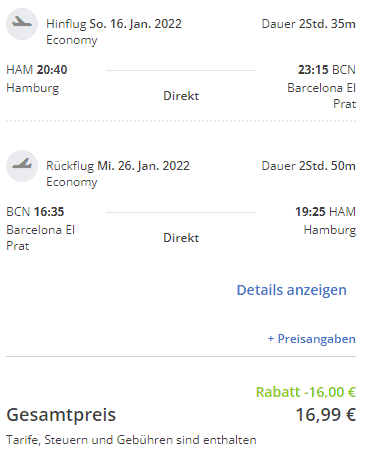 Januar 2022: Hin und Rückflug von Hamburg nach Barcelona für 2 Personen 16,99 €