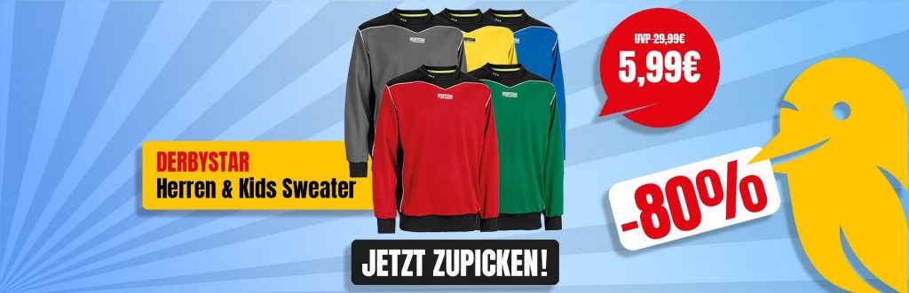 Derbystar Herren Sweatshirt Brillant (Gr. S bis 3XL, 5 Farben) für 4,49 € zzgl. 3,99 € Versand
