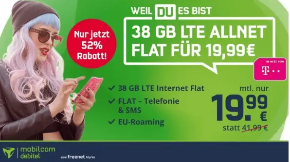 Telekom Netz 38 GB LTE ( 50 Mbit/s) Tarif inkl. Allnet-Flat VoLTE & WLAN Call (eSIM möglich) für 19,99 € mtl.