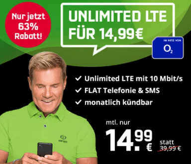 o2 Unlimited Smart mit Unbegrenzten LTE (10 Mbit/s) + Allnet-Flat für 14,99 € mtl. (monatlich kündbar)