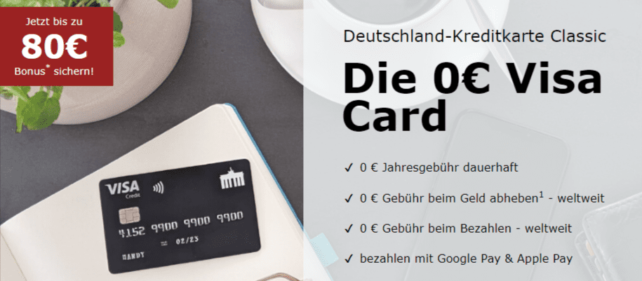 Schwarze VISA: Deutschland-Kreditkarte Classic (ohne Grund- und Jahresgebühr + Apple/Google Pay fähig) + bis 80,00 € Bonus (KwK)