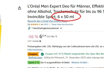 L'Oréal Men Expert Deo für Männer - 6 x 50 ml Packung