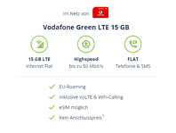 15 GB LTE (50 Mbit/s) Allnet Flat im Vodafone Netz Inklusive VoLTE & WiFi-Calling eSIM möglich für 7,99 € mtl.