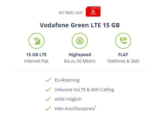 15 GB LTE (50 Mbit/s) Allnet Flat im Vodafone Netz Inklusive VoLTE & WiFi-Calling eSIM möglich für 7,99 € mtl.
