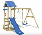 WICKEY Spielturm Klettergeruest TinyCabin mit Schaukel blauer Rutsche Kletterturm mit Sandkasten