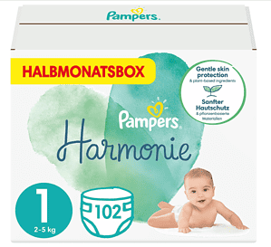 Pampers Baby Windeln Größe 1 (2-5 kg) Harmonie, 102 Stück, HALBMONATSBOX für 15,54 € inkl. Prime Versand (statt 21,99 €)