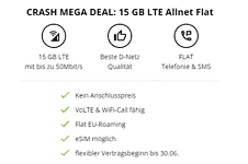 Crash mobil: Telekom Allnet Flat 15GB LTE ( Allnet- & SMS-Flat, keine Anschlusskosten) für 9,99€ mtl.
