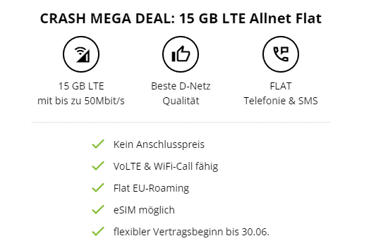 Crash mobil: Telekom Allnet Flat 15GB LTE ( Allnet- & SMS-Flat, keine Anschlusskosten) für 9,99€ mtl.