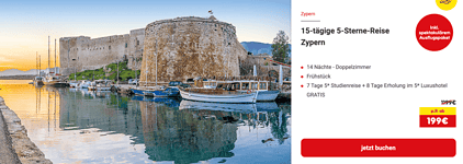 Zypern: 15-tägige Reise (7 Tage 5-Sterne-Studienreise + 8 Tage im 5* Hotel) inkl. Flüge/ Transfers und Frühstück ab 199 € p.P