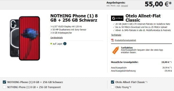 Nothing Phone Mit 256 Gb FÃ¼r Einmalig 55 â‚¬ + Otelo Allnet Flat Classic Mit 20 Gb Lte