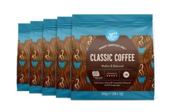 Amazon-Marke: Happy Belly Classic Kaffee-Pads kompatibel mit Senseo*, 90 Pads (5x18) ab 7,47 € inkl. Prime-Versand (statt 11,40 €)