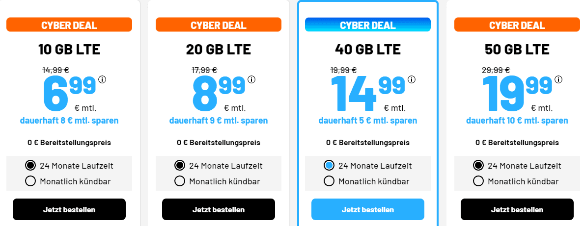 SIM DE Cyber Deals 🔥 z.B.: 40 GB LTE Allnet Flat für 14,99 € mtl.