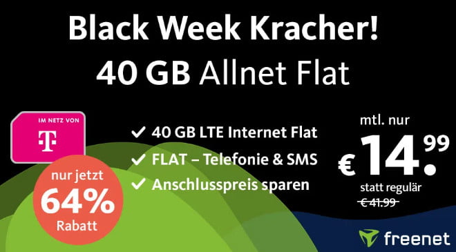 Freenet Black Friday: 40 GB LTE (Telekom Netz) FLAT - Telefonie & SMS für 14,99 € mtl - Keine Anschlusskosten
