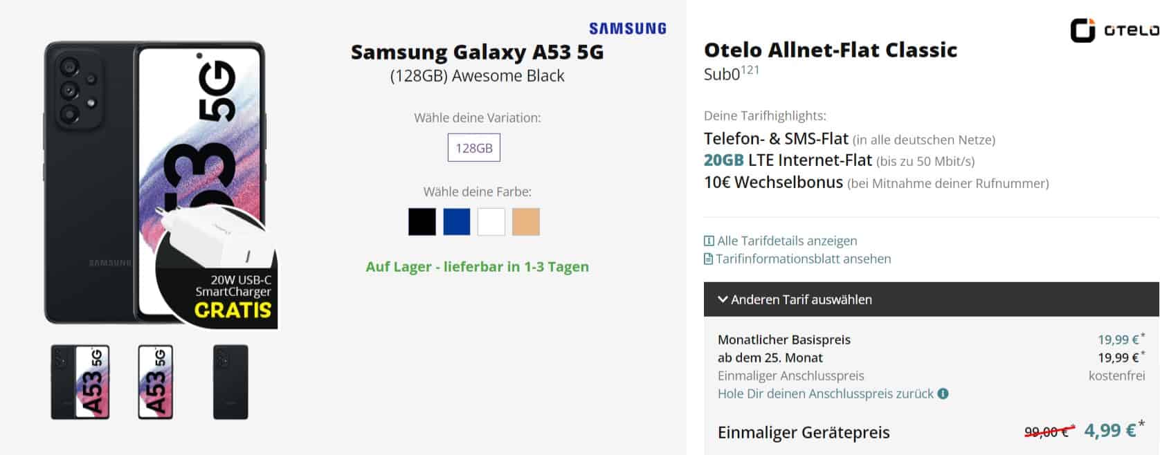 Samsung Galaxy A53 5G Otelo Allnet-Flat Classic Mit 20 Gb Datenflat