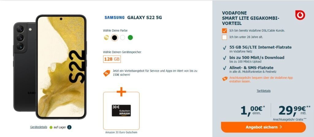 Samsung Galaxy S22 5 G + 30 â‚¬ Amazon-Gutschein + Vodafone Smart Lite 55 Gb Datenflat 