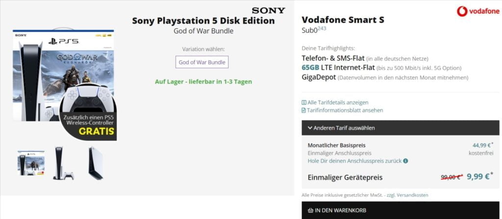 Sony Playstation 5 Disk Edition God Of War Bundle + Zusätzlicher Ps5 Wireless Controller Gratis + Vodafone Smart S 65 Gb Lte Datenflat 
