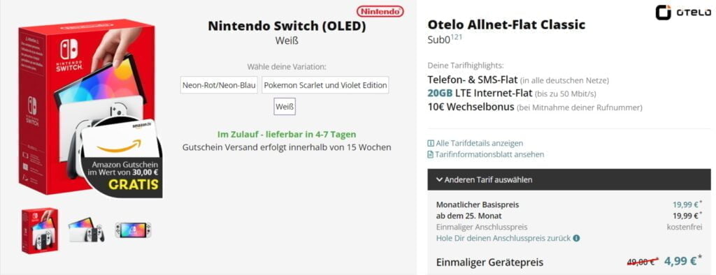 Nintendo Switch Oled + Otelo Allnet-Flat Classic Mit 20 Gb Datenflat