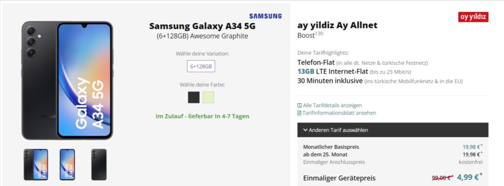 Samsung Galaxy A34 5G + Der Ay Yildiz Ay Allnet Mit 13 Gb Datenflat 