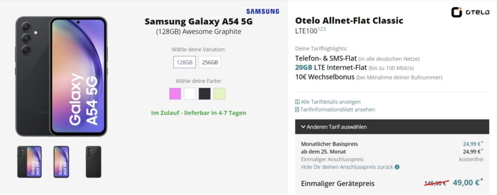 Samsung Galaxy A54 5G + Otelo Allnet-Flat Classic Mit 20 Gb