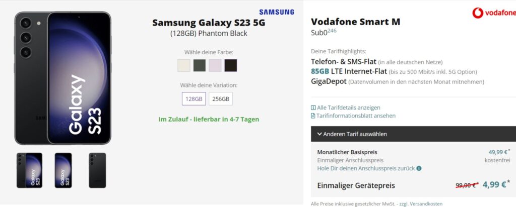 Samsung Galaxy S23 5G + Vodafone Smart M Mit 85 Gb