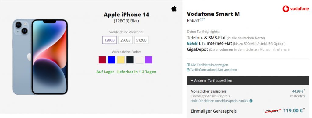 Apple Iphone 14 + Vodafone Smart M Mit 65 Gb