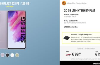 [Exklusiv] Sparhandy: Samsung S21 FE + Wireless Charger + otelo Classic Allnet-Flat mit 20 GB Datenvolumen für 19,99 € / Monat + 129,94 € einmalig