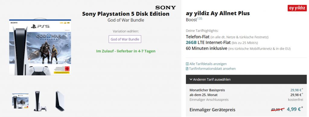 Sony Playstation 5 Disk Edition God Of War Bundle + Ay Yildiz Ay Allnet Plus Boost 135 26 Gb