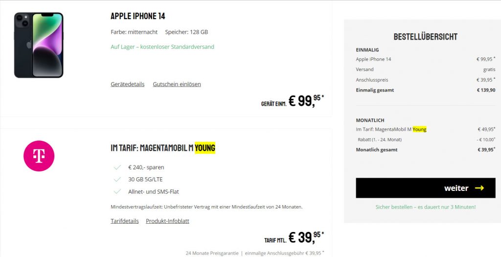 Apple Iphone 14 + Telekom Magenta M Young 110 Gb 5G