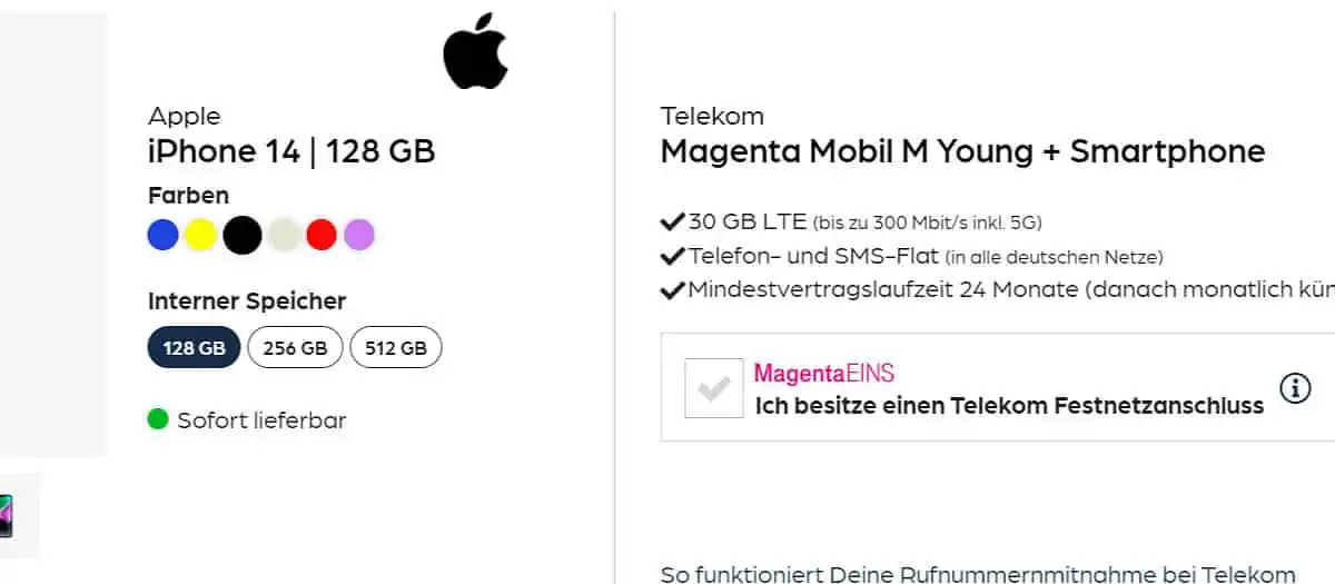 starmobile: Apple iPhone 14 + Telekom Magenta M Young 40 GB 5G für 39,95 € / Monat + 139,90 € einmalig [bis 27 Jahre]