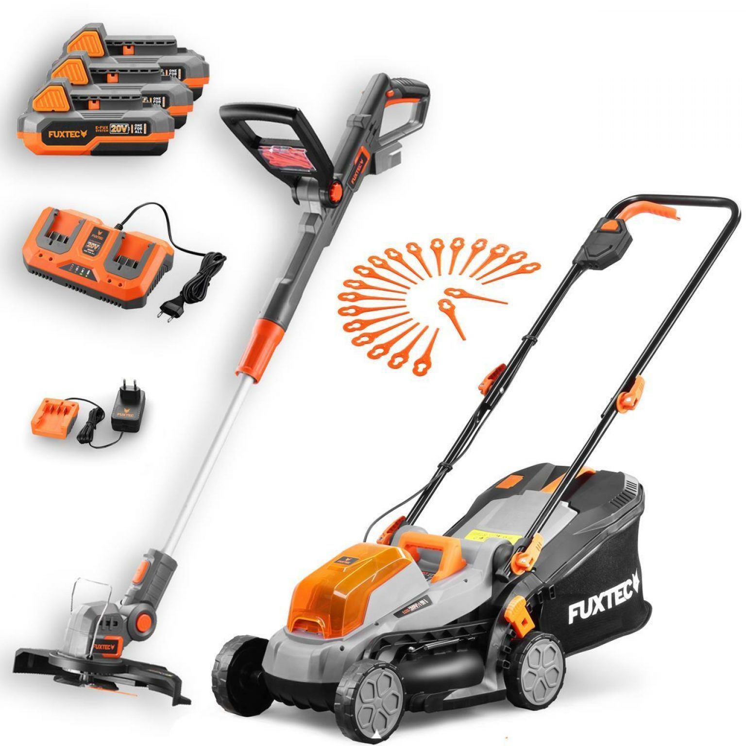 FUXTEC Akku Gartenset 40V (2x20) Rasenmäher +20V Rasentrimmer Mäher