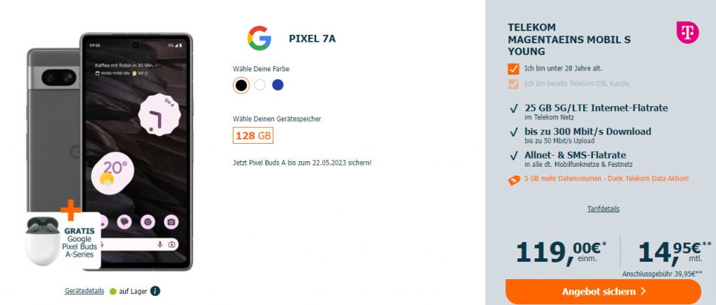 Google Pixel 7A + Google Pixel Buds + Telekom Magentaeins Mobil S Young 25 Gb