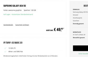 [Exklusiv] Sparhandy: Samsung A54 + o2 Basic 20 mit 13 GB Datenvolumen für 19,99 € / Monat + 89,94 € einmalig