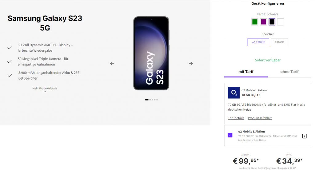 Samsung Galaxy S23 5G +O2 Mobile L 70 Gb 5G 