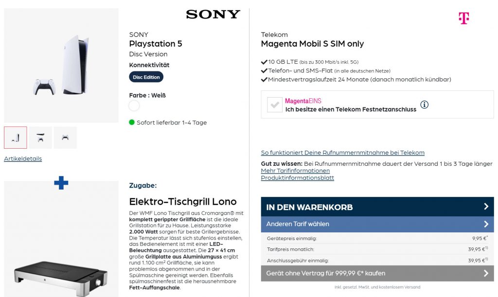Sony Playstation 5 Disc Version + Wmf Lono Elektro-Tischgrill + Telekom Magenta Mobil S 10 Gb
