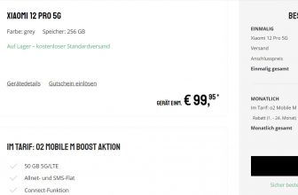 Sparhandy: Xiaomi 12 Pro 5G + o2 Mobile M Boost mit 50 GB 5G Datenvolumen für 30,39 € / Monat + 139,94 € einmalig